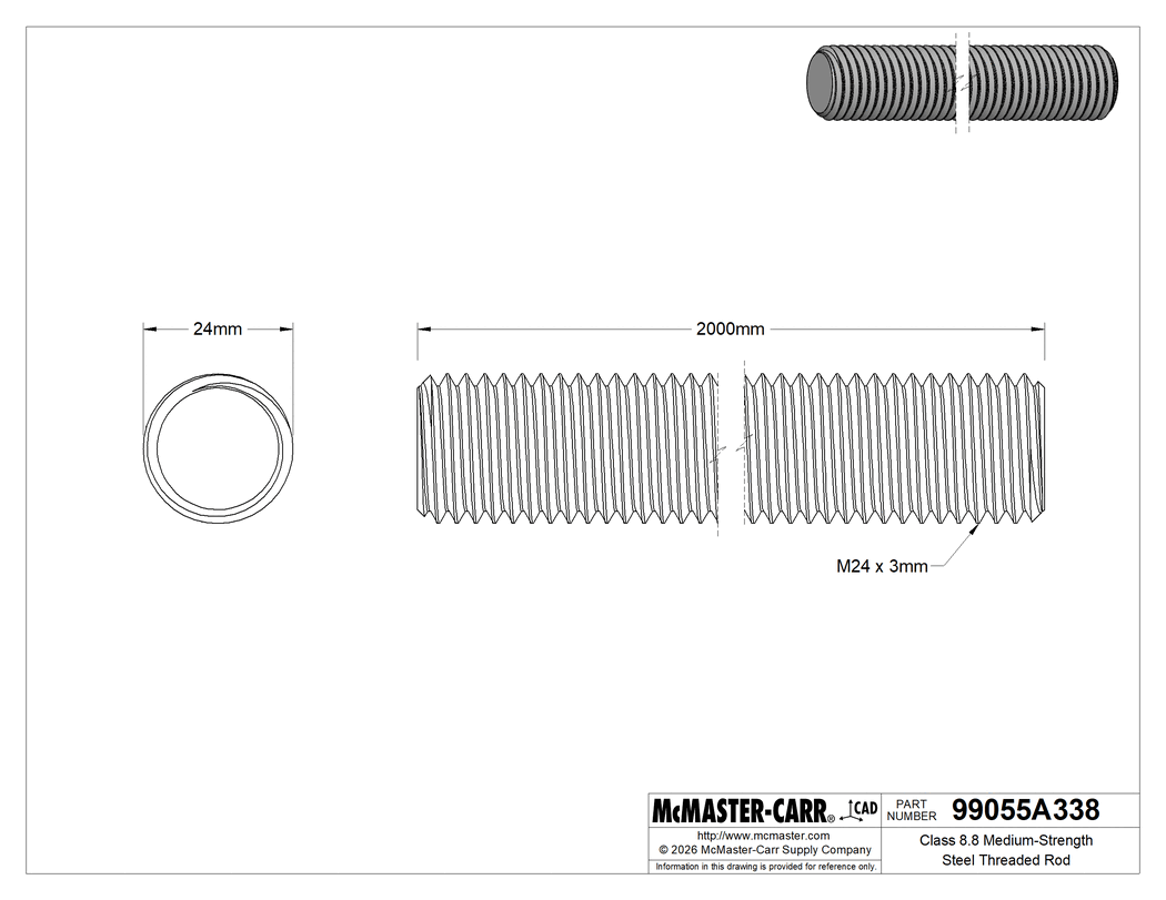 Technical Drawing of Class 8.8 Medium-Strength Steel Threaded Rod, M24 x 3 mm Thread Size, 2 M Long.